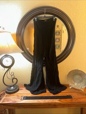 MSK Black Strapless Wide-Leg Jumpsuit in Crinkled Gauze